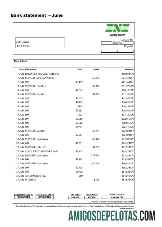 Modelo Word e PDF para download do extrato bancário Sydney ZNZ